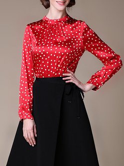 Red Polka Dots Long Sleeve Silk Zipper Blouse