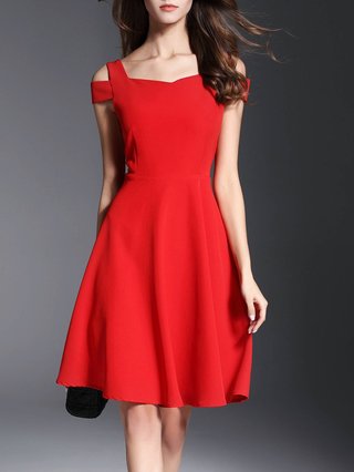 red cold shoulder midi dress