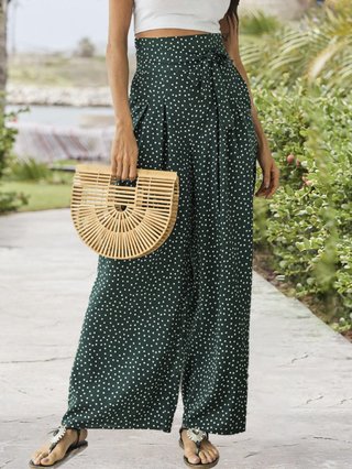 Stylewe Women Wide Leg Pants Holiday Polyester Printed Green Wide Leg Pants