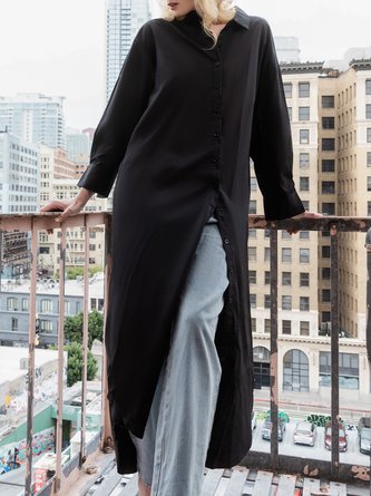 Simple Loosen Plain Long Sleeve Woven Maxi Dress