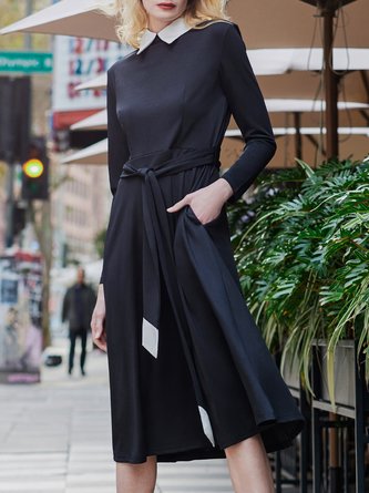 Elegant Color Block  Long Sleeve Midi Dress