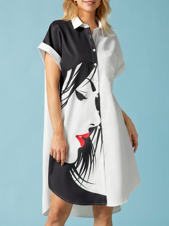 Shirt Collar Short Sleeve Print Figure Abstract Shirt Dress
