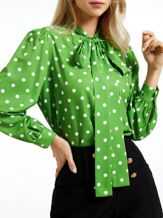 Green Loose Polka DotsLong sleeve  Elegant Stand H-Line Collar Top