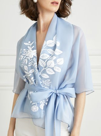Shawl Collar Elegant Floral Short Sleeve Kimono