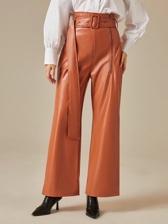 Urban High Waist Plain Leather Pants With Belt