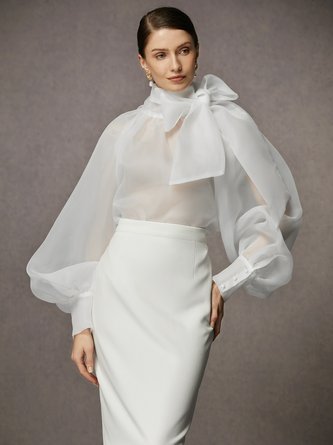 Elegant Plain Bow Long Sleeve Blouse