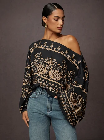 Ethnic Lantern Sleeve Cold Shoulder Loose T-Shirt