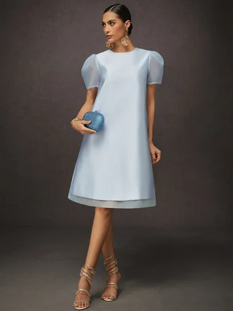 Elegant Plain Puff Sleeve Split Joint Crew Neck Knee Length Dress