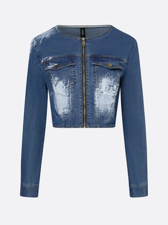 Casual Pockets Plain Crew Neck Denim Jacket 5 Casual Pockets Plain Crew Neck Denim Jacket - Image 5