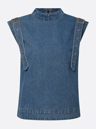 Urban Micro-Elasticity Denim Sleeveless Top Crew Neck Back Zip 4 Urban Micro-Elasticity Denim Sleeveless Top Crew Neck Back Zip - Image 4