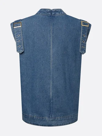 Urban Micro-Elasticity Denim Sleeveless Top Crew Neck Back Zip 7 Urban Micro-Elasticity Denim Sleeveless Top Crew Neck Back Zip - Image 7