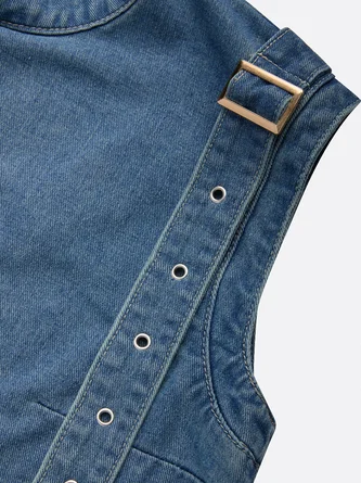 Urban Micro-Elasticity Denim Sleeveless Top Crew Neck Back Zip 5 Urban Micro-Elasticity Denim Sleeveless Top Crew Neck Back Zip - Image 5