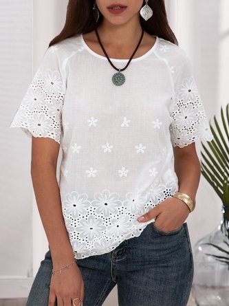 White Embroidered Short Sleeve Crew Neck Top