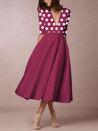 Elegant Half Sleeve Polka Dots Midi Dress