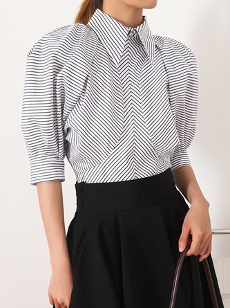 Daily  Work Striped Puff Sleeve  Loose Blouse