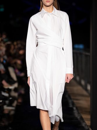 Plain Autumn Elegant High Waist Micro-Elasticity Commuting Long sleeve Regular Shirt Collar Dresses for Women