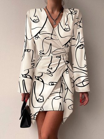 Elegant V Neck  Abstract Printed Long Sleeve Dress