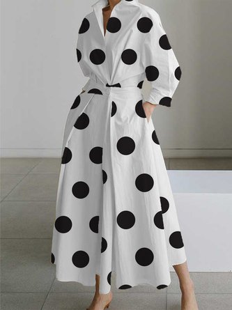 Elegant Shirt Collar Polka Dots Pockets Midi Dress