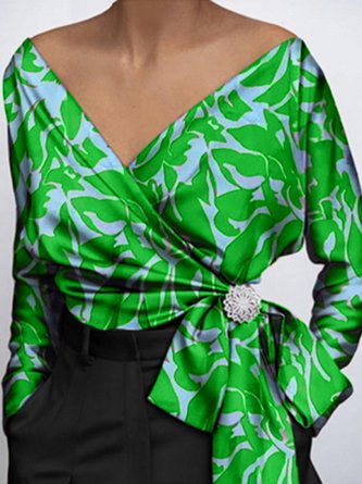 Women Floral Autumn Elegant Polyester V neck Micro-Elasticity Regular Fit Long sleeve Regular Tops