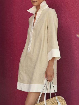 Women Color Block Autumn Urban Micro-Elasticity Skirt Long sleeve H-Line Shirt Dress Shirt Collar Dresses
