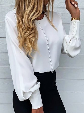 Plain Autumn Urban Buttoned Micro-Elasticity Loose Long sleeve Regular H-Line Blouse for Women