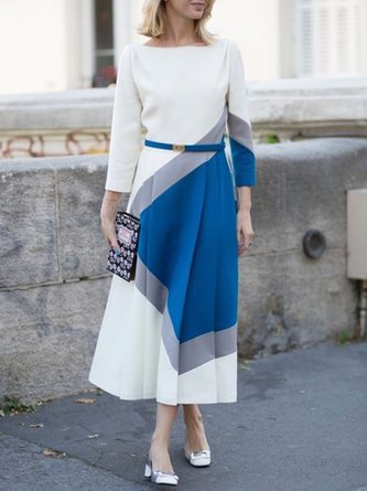 Women Color Block Autumn Elegant Polyester Micro-Elasticity Commuting Midi Long sleeve Regular Dresses