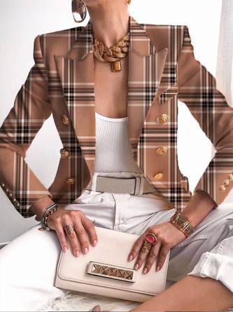 Plaid Autumn Urban Polyester Micro-Elasticity Commuting Long sleeve Shawl Collar Regular Blazer for Women