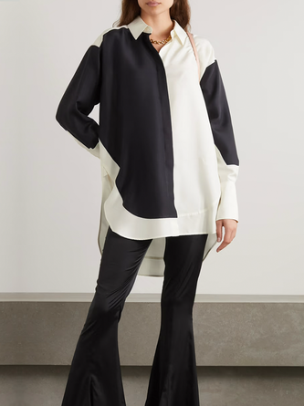 Color Block Simple Autumn Polyester No Elasticity Long sleeve Regular Shirt Collar Regular Size Blouse for Women