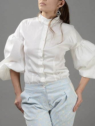 Women Plain Simple Autumn Polyester Stand Collar No Elasticity 1 * Top Three Quarter Regular Size Blouse