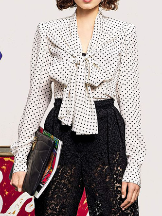 Polka Dots Autumn Elegant No Elasticity Loose Long sleeve Regular H-Line Regular Blouse for Women