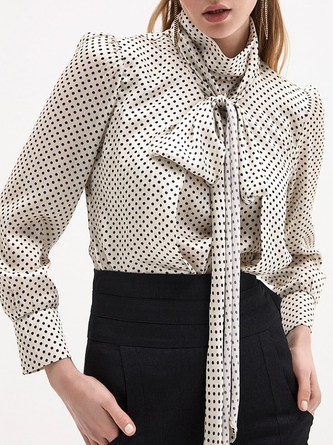 Polka Dots Autumn Elegant Stand Collar No Elasticity Long sleeve Regular H-Line Regular Blouse for Women
