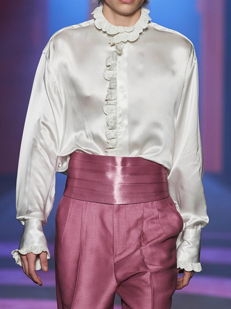 Plain Autumn Elegant Polyester No Elasticity Lotus Leaf Collar Loose Long sleeve Regular Blouse for Women
