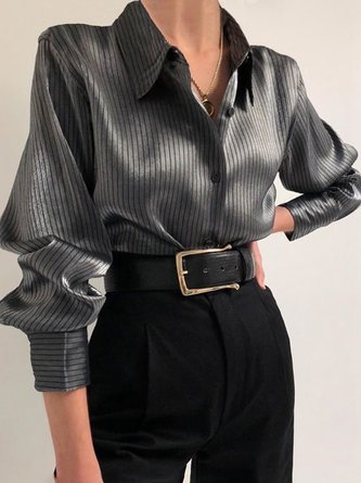 Simple Striped Loose Shirt Collar Blouse