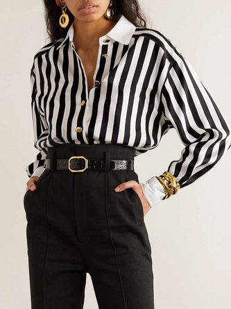 Shirt Collar Urban Loose Striped Blouse