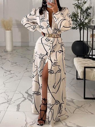 Shirt Collar Elegant Abstract  Print Long Sleeve Dress