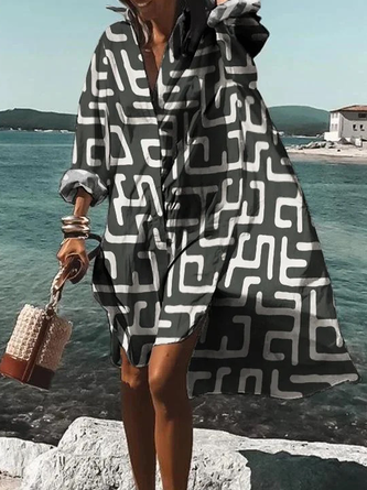 Vacation Loose Shirt Collar Long sleeve Geometric Skirt Dress