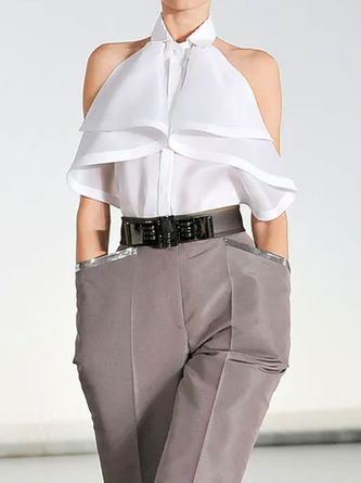 Elegant Regular Fit Sleeveless Shirt Collar Plain Blouse