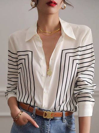 Plus Size Urban Loose  Striped Shirt Collar Blouse