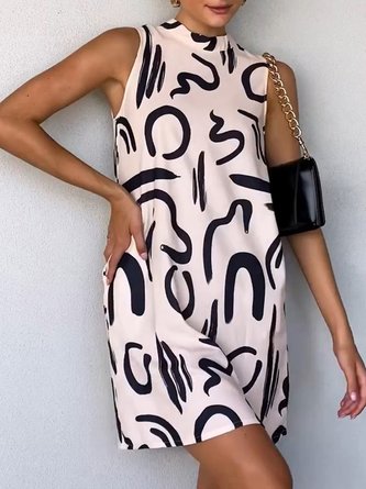 Vacation Loose Stand Collar Sleeveless Abstract Print Dress