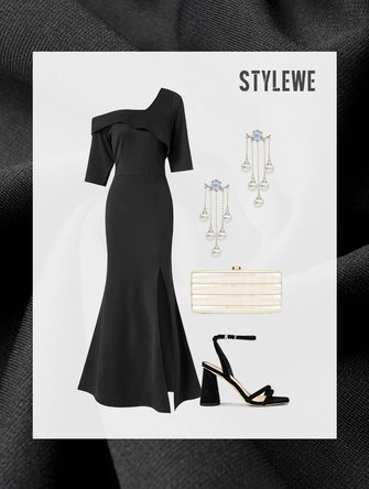 Regular Fit Elegant Evening Black Maxi Dress Wedding