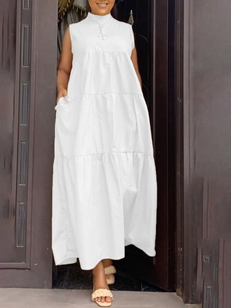 White Stand Collar Elegant Plain Daily Dress