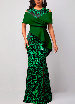 Hot Stamping Floral Print Green Maxi Dress