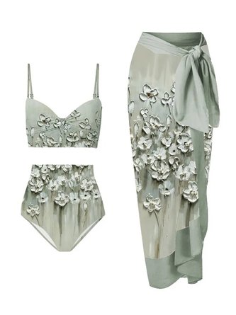 Printing Elegant Floral V Neck Bikini With Cover Up