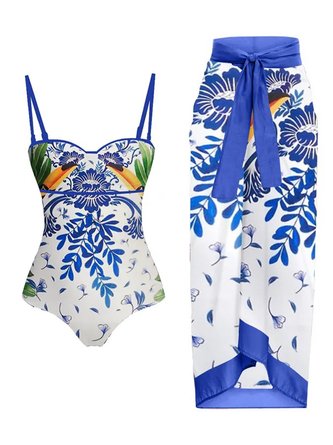 Scoop Neck Tropical Vacation One Piece With Cover Up