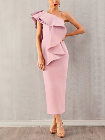 Exaggerated Ruffle One Shoulder Pencil Dress