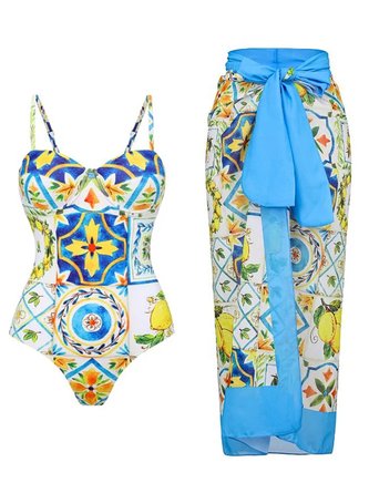 Vacation Abstract Printing Notched One Piece With Cover Up