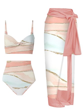Vacation Abstract Printing V Neck Bikini With Cover Up