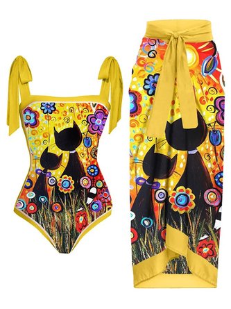 Floral Square Neck Vacation One Piece With Cover Up