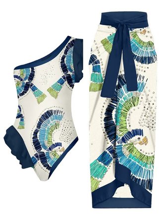 Abstract Vacation One Shoulder One Piece With Cover Up