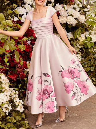 Floral Vacation Square Neck Satin Dress
